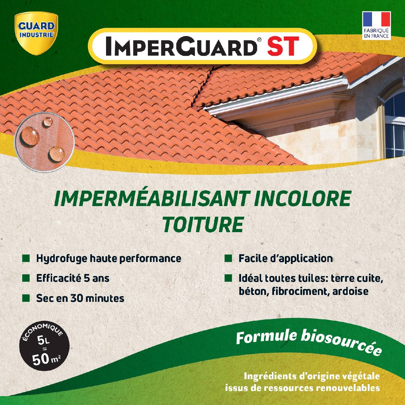 Imperméabilisant Toit Incolore Haute Performance Formule Végétale ImperGuard Spécial Toit Toute Tuile 5 ans Sec 30 min 5L 50 m2 - Image 5