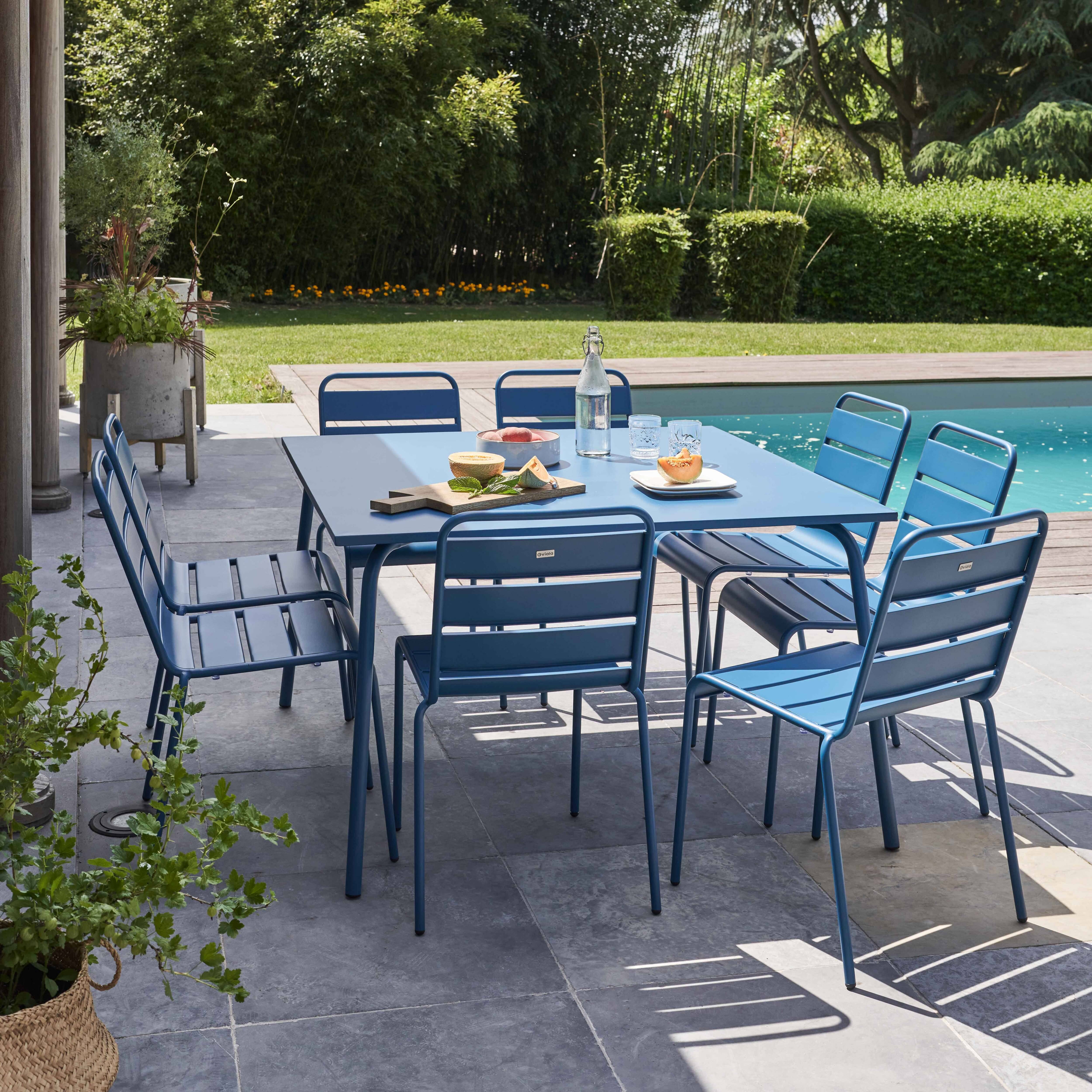 Oviala - Ensemble table de jardin et 8 chaises en métal bleu pacific Palavas - Oviala - Imagen 2