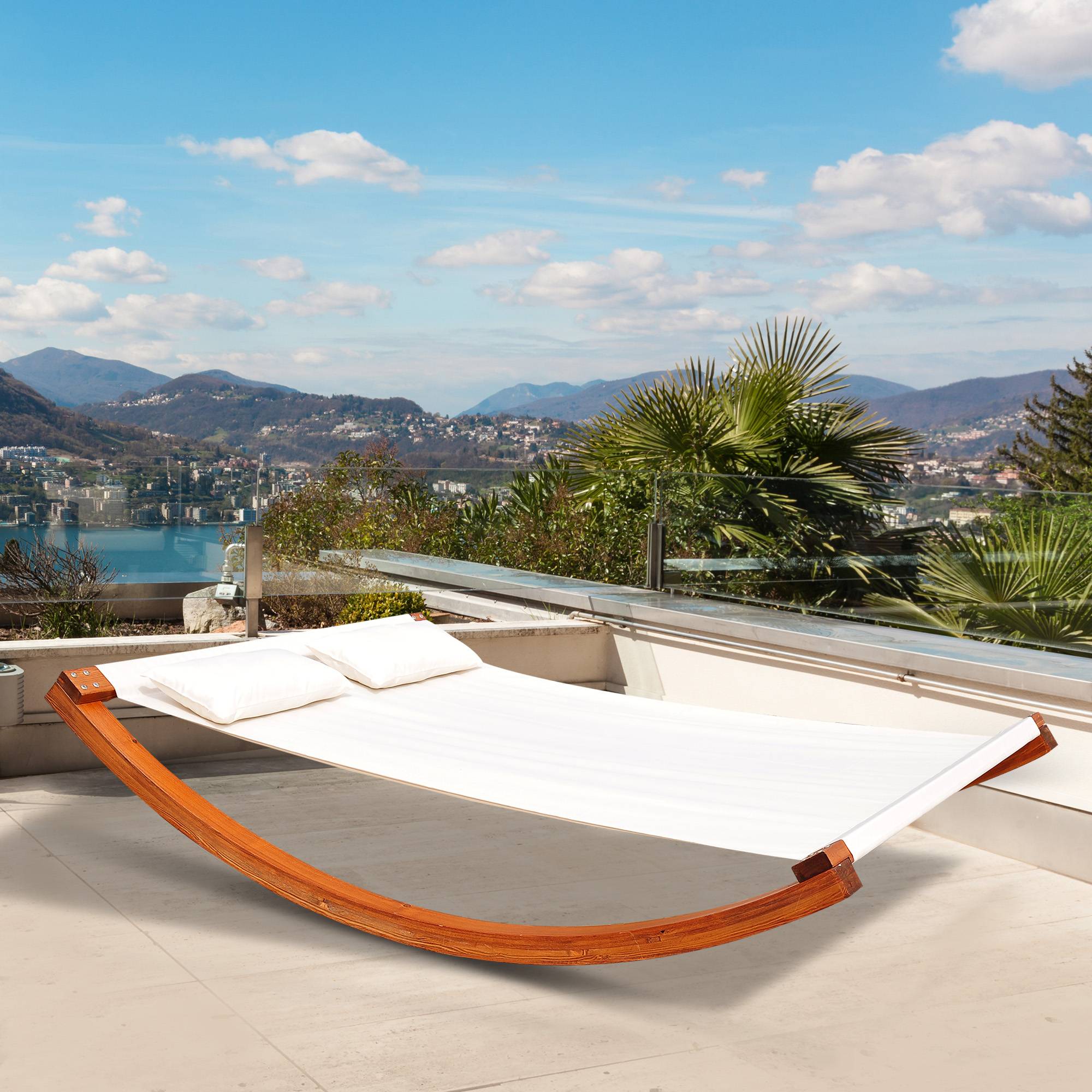 Outsunny - Bain de soleil transat design à bascule 2 places 2 coussins inclus bois mélèze pré-huilé coton blanc - Outsunny - Imagen 2