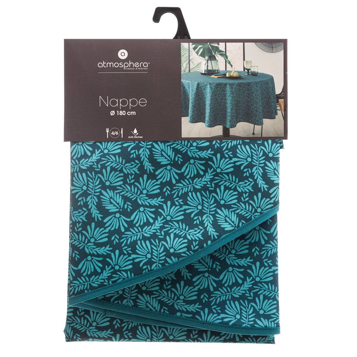 Atmosphera - Nappe anti-tache "Meili" feuilles bleu canard D180cm - Atmosphera Créateur d'intérieur - Imagen 3