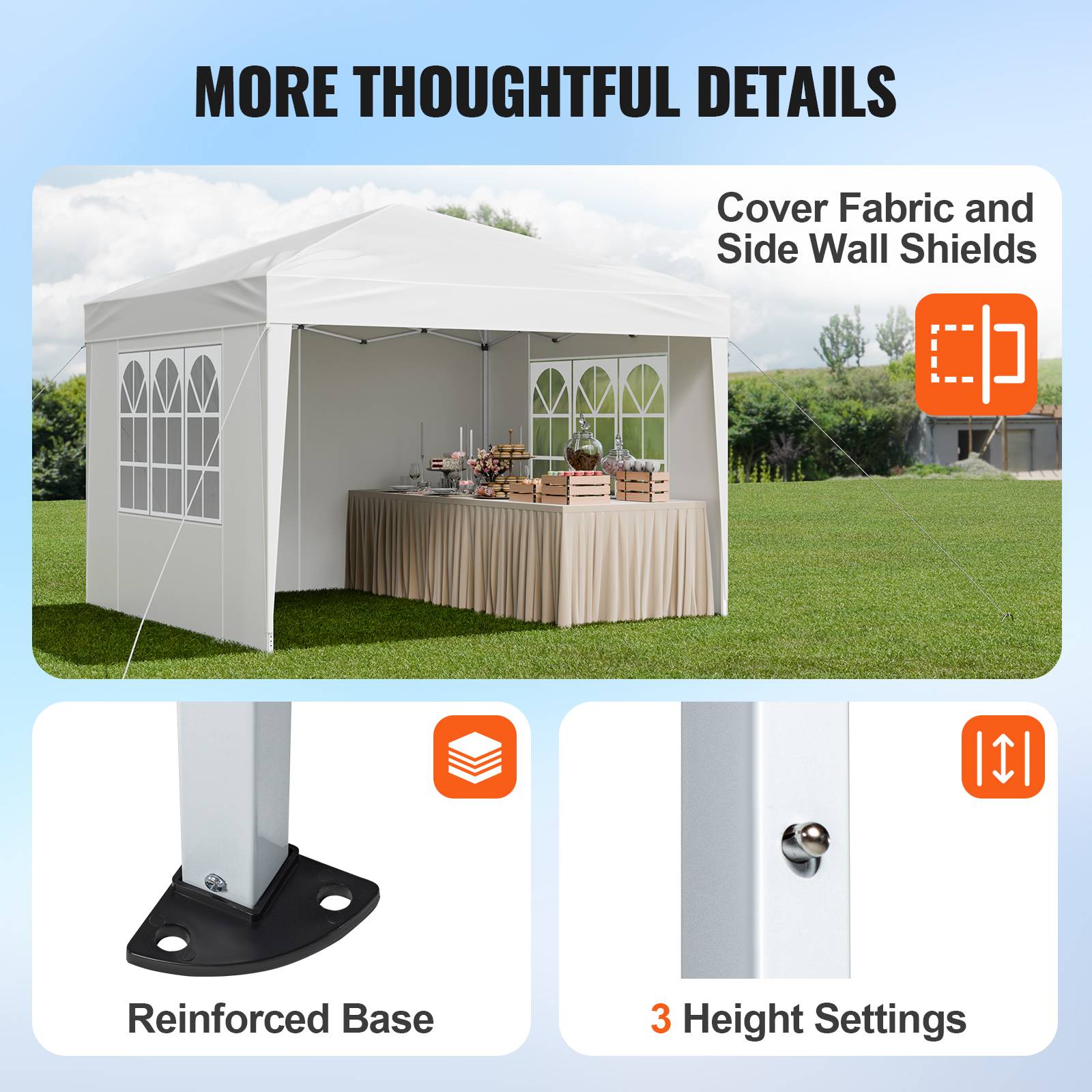 VEVOR Tonnelle pop-up 2.95x2.95 m, portable, parois latérales, abri solaire jardin/événements, blanc. - Image 6