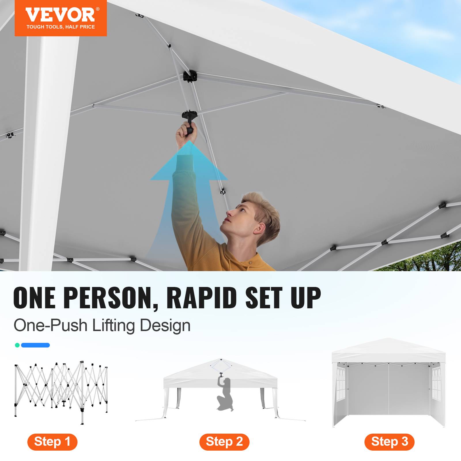 VEVOR Tonnelle pop-up 2.95x2.95 m, portable, parois latérales, abri solaire jardin/événements, blanc. - Image 2