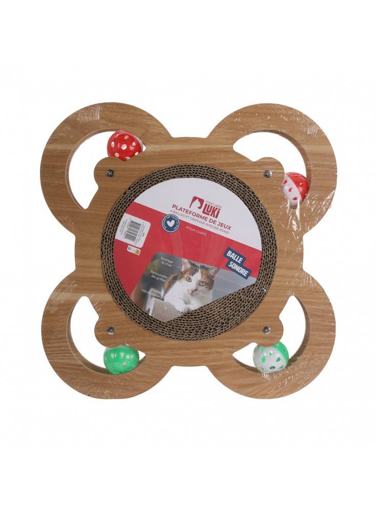 Plateforme de jeux 4 balles et griffoir integre rond MARRON - Mon Ami Luki - Image 1
