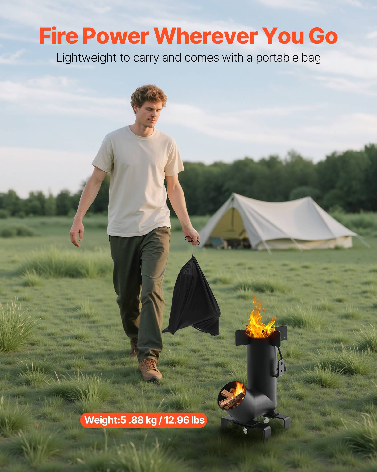 VEVOR Réchaud Camping Rocket Poêle Bois Portable en Acier Carbone Sac Transport - Image 6