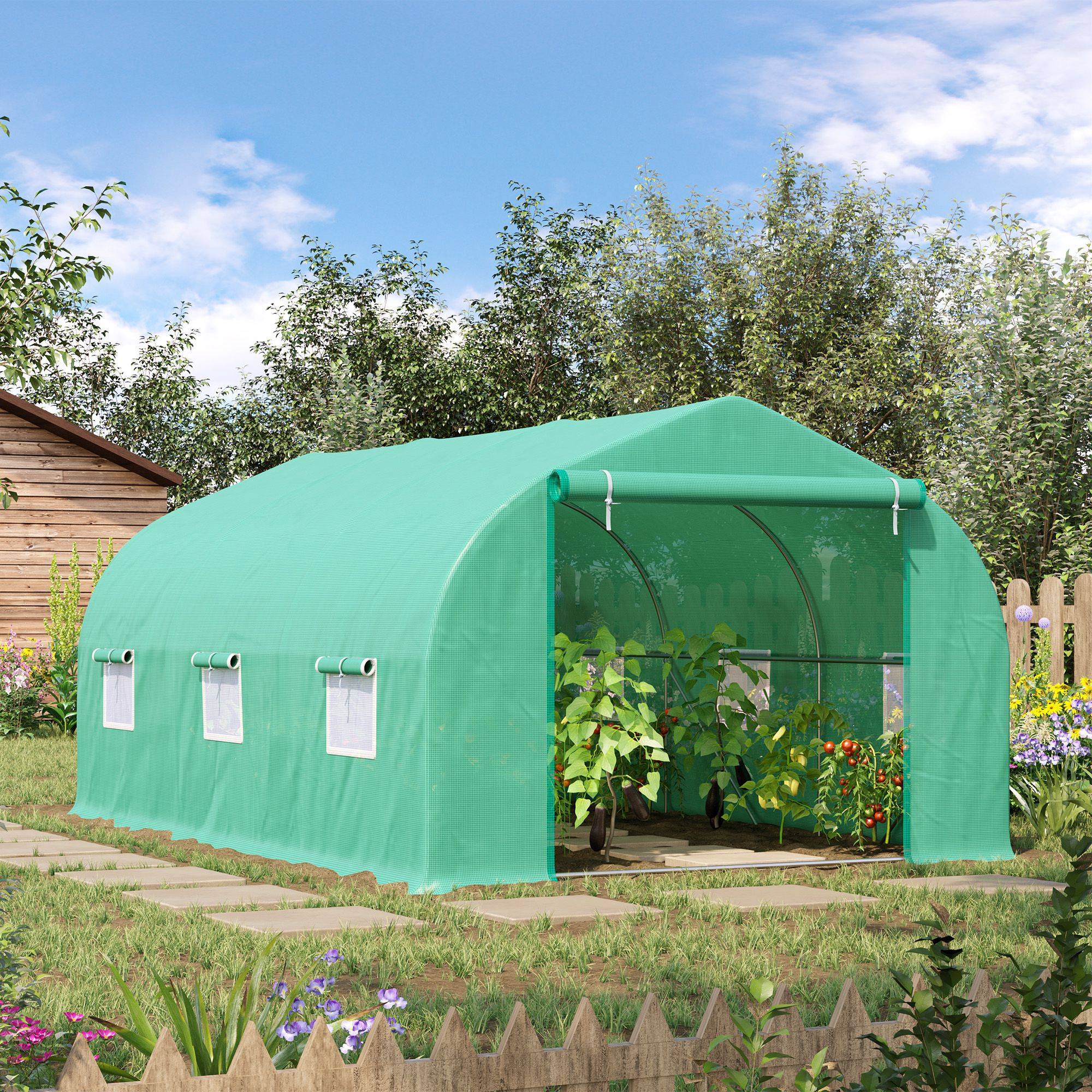 Serre tunnel 4,5 x 3 x 2 m, porte zip enroulable, 6 fenêtres moustiquaire, poteaux de soutien - Image 4