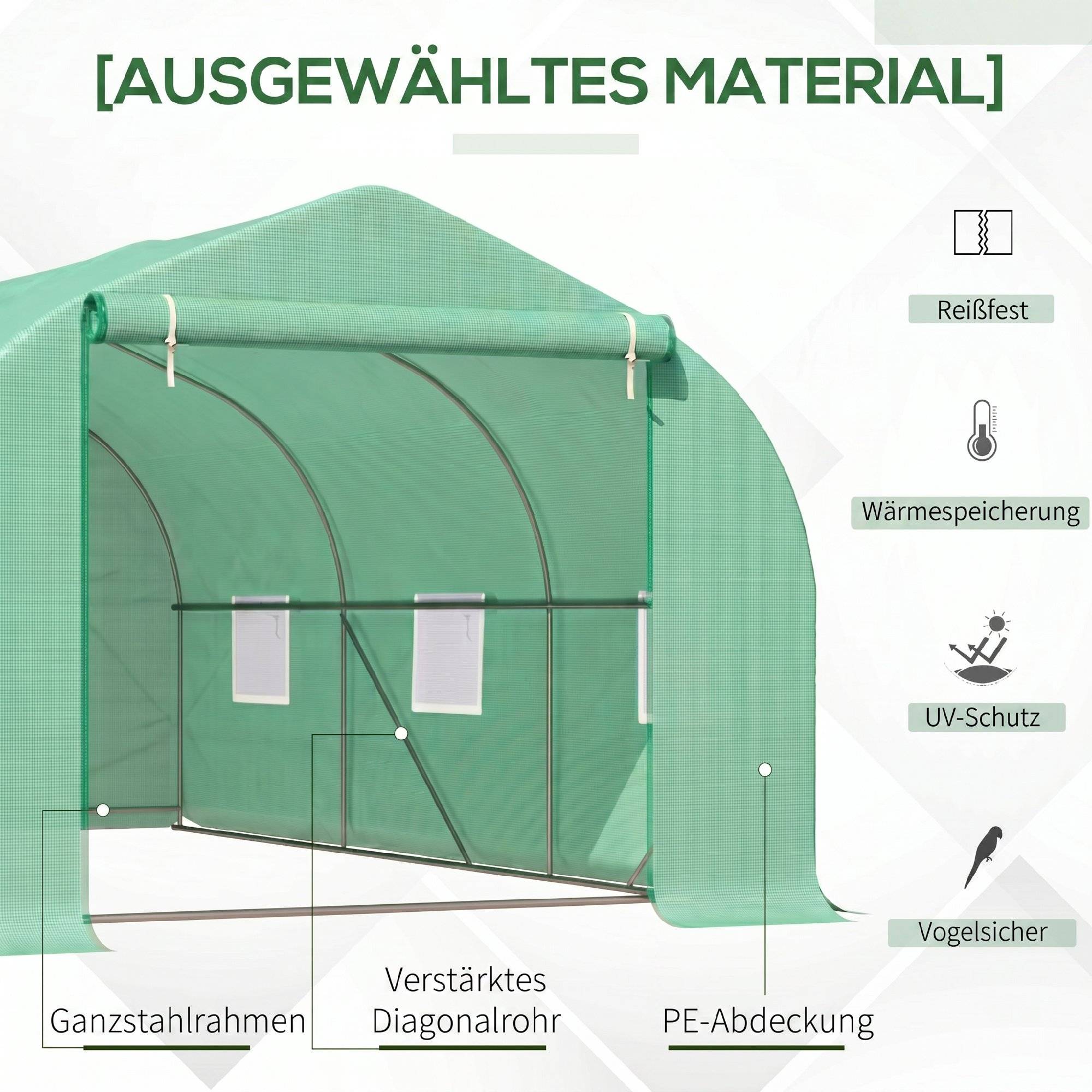 Serre tunnel 4,5 x 3 x 2 m, porte zip enroulable, 6 fenêtres moustiquaire, poteaux de soutien - Image 7