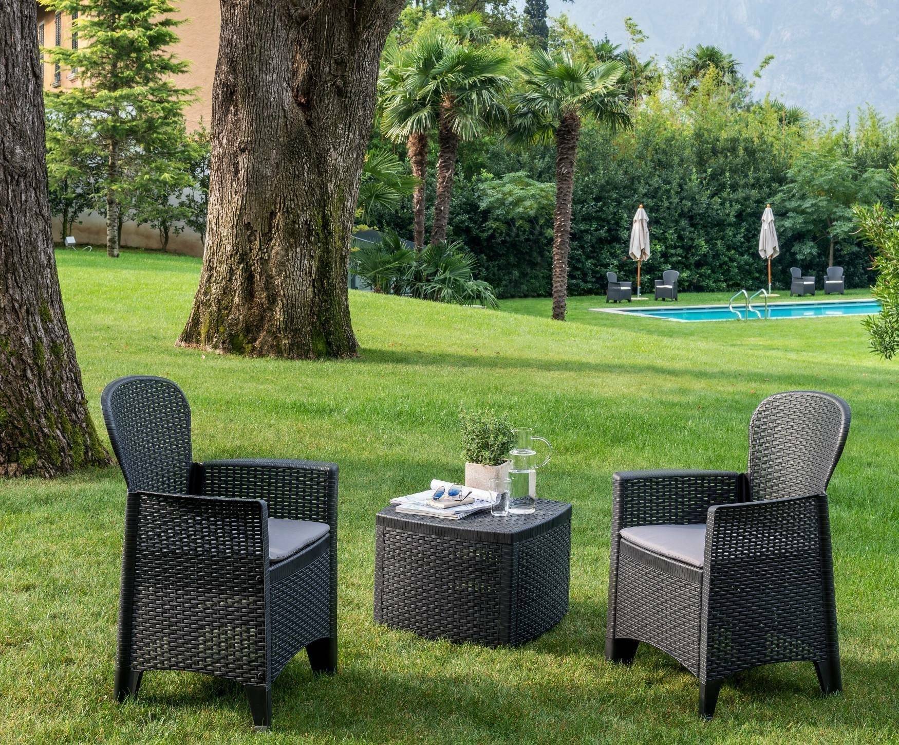 Dmora - Set salon d'extérieur Napoli, Salon de jardin composé de 2 fauteuils et 1 table conteneur, Salon effet rotin, 100% Made in Italy, Anthracite - Dmora - Imagen 5
