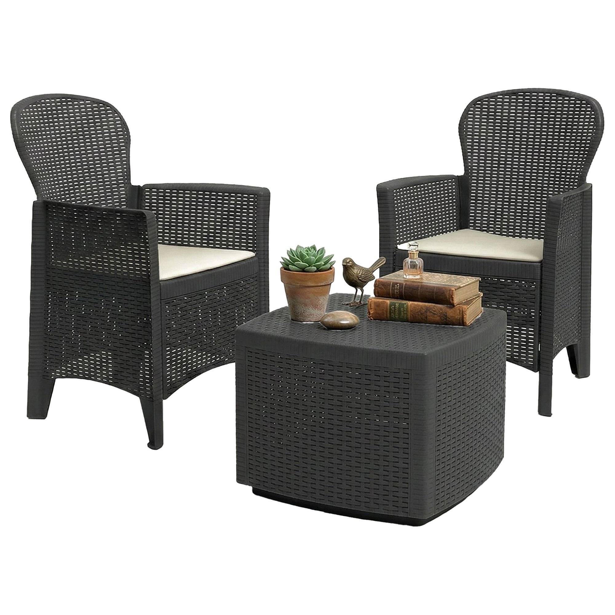 Dmora - Set salon d'extérieur Napoli, Salon de jardin composé de 2 fauteuils et 1 table conteneur, Salon effet rotin, 100% Made in Italy, Anthracite - Dmora - Imagen 1