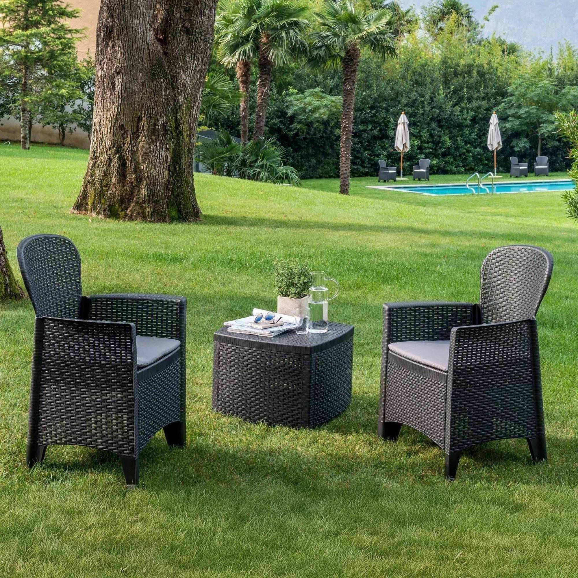 Dmora - Set salon d'extérieur Napoli, Salon de jardin composé de 2 fauteuils et 1 table conteneur, Salon effet rotin, 100% Made in Italy, Anthracite - Dmora - Imagen 2