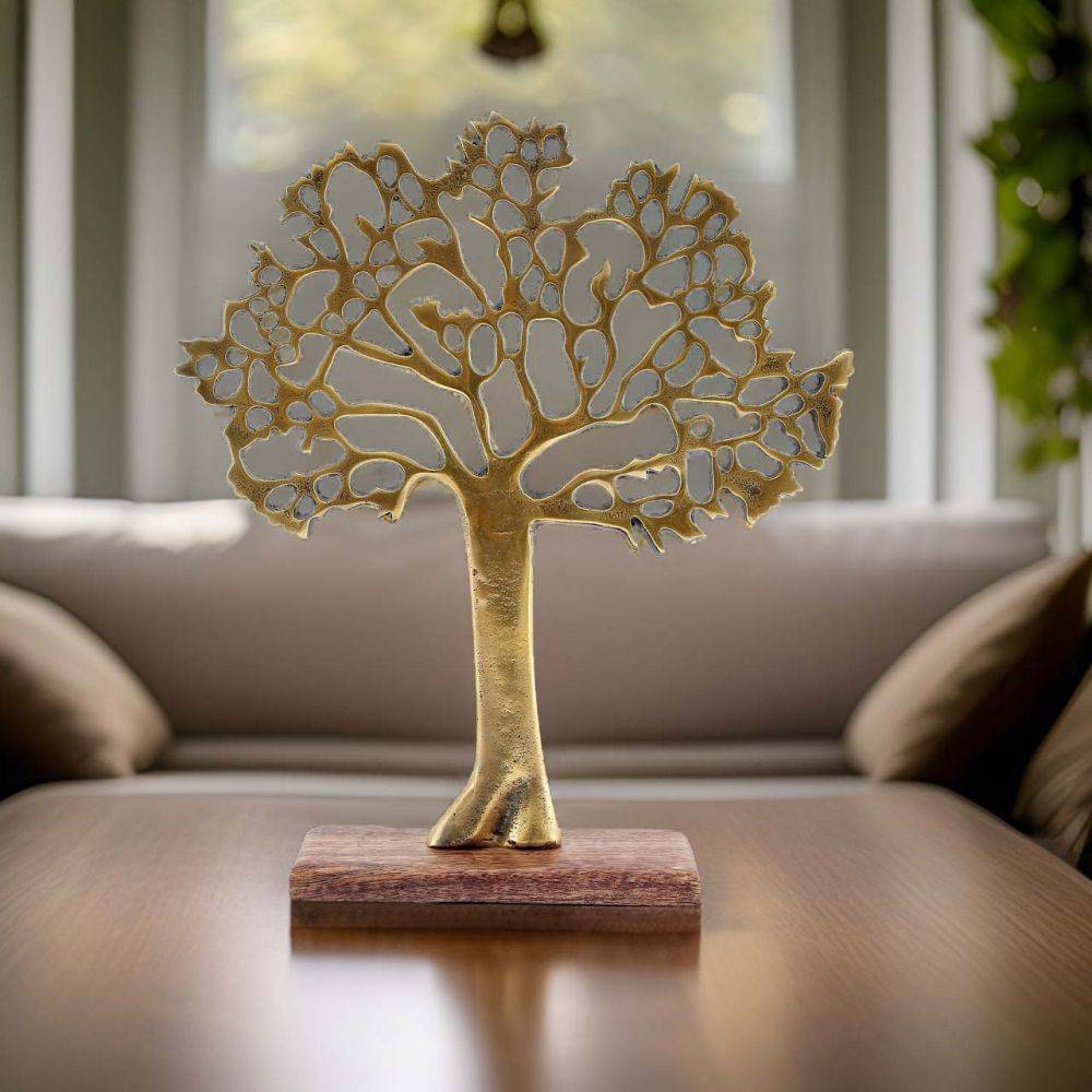 Sil - Arbre décoratif en aluminium doré et bois de manguier Arbre de vie Taille 2 - Imagen 2