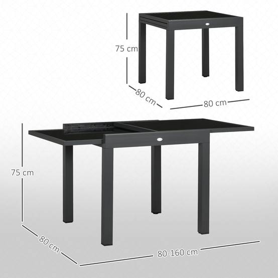 Table de jardin extensible en aluminium, rectangulaire, avec plateau en verre trempé pour terrasse, 80-160 x 80 x 75 cm, noire - Image 5