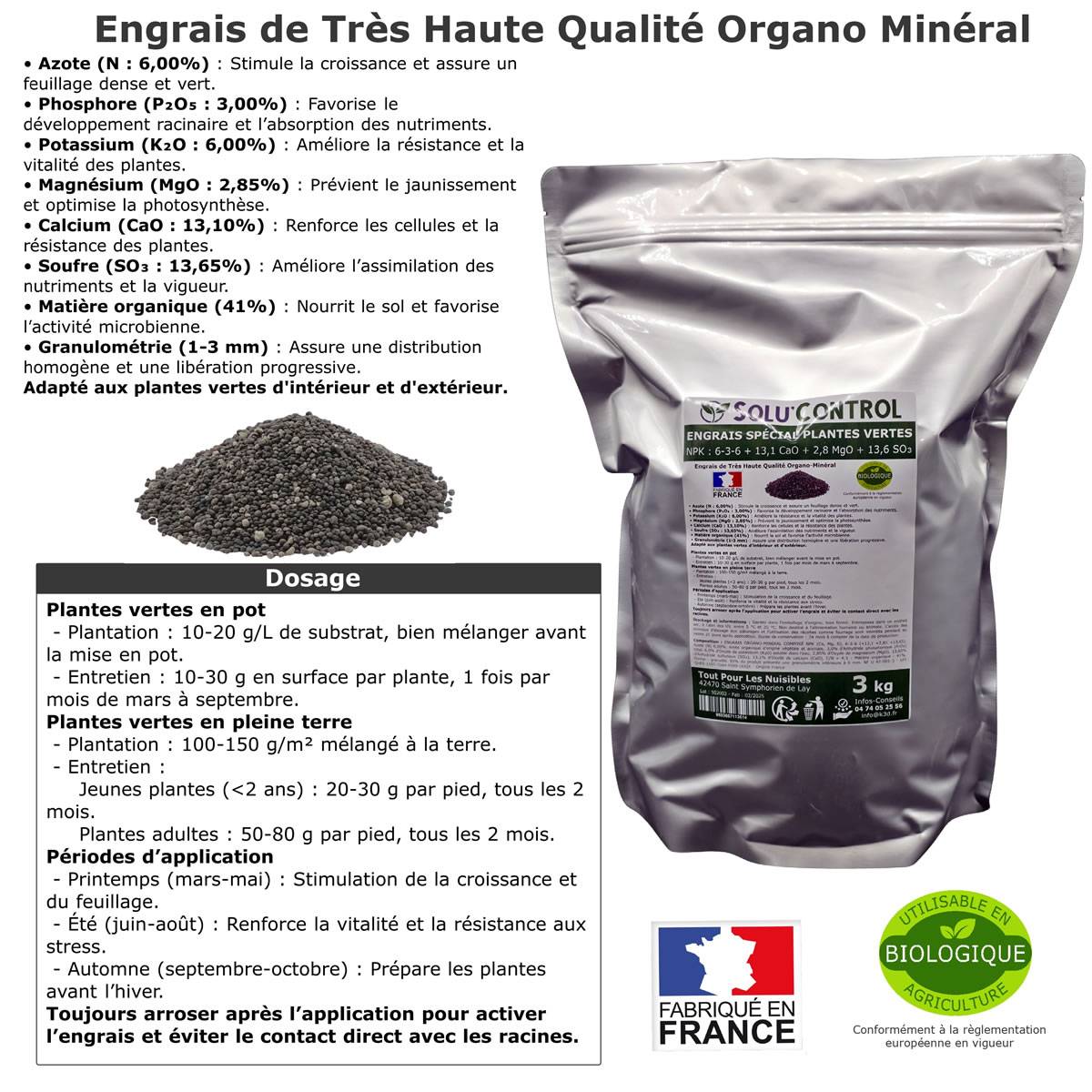 Tout pour les nuisibles - SOLU’CONTROL - 3 kg d'Engrais Spécial Plantes Vertes 6-3-6 - Croissance, Feuillage Dense & Vitalité - Formulation Organo-Minerale - Image 3