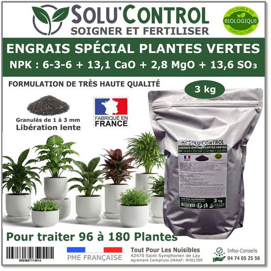 Tout pour les nuisibles - SOLU’CONTROL - 3 kg d'Engrais Spécial Plantes Vertes 6-3-6 - Croissance, Feuillage Dense & Vitalité - Formulation Organo-Minerale - Image 1