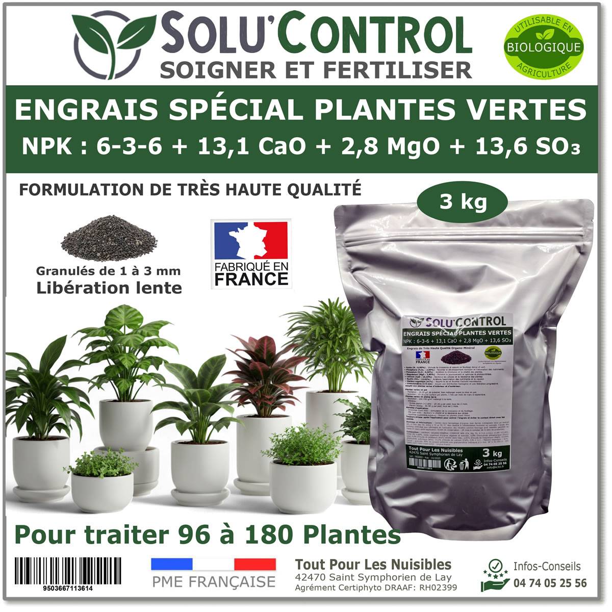 SOLU’CONTROL - 3 kg d'Engrais Spécial Plantes Vertes 6-3-6 - Croissance, Feuillage Dense & Vitalité - Formulation Organo-Minerale - Imagen 1