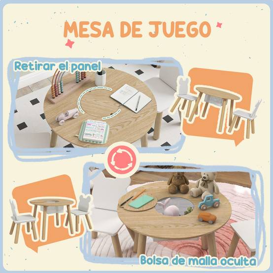 Ensemble table et 2 chaises en bois pour enfants de 3 à 6 ans, avec dossier en forme d'ours et espace de rangement. - Image 7