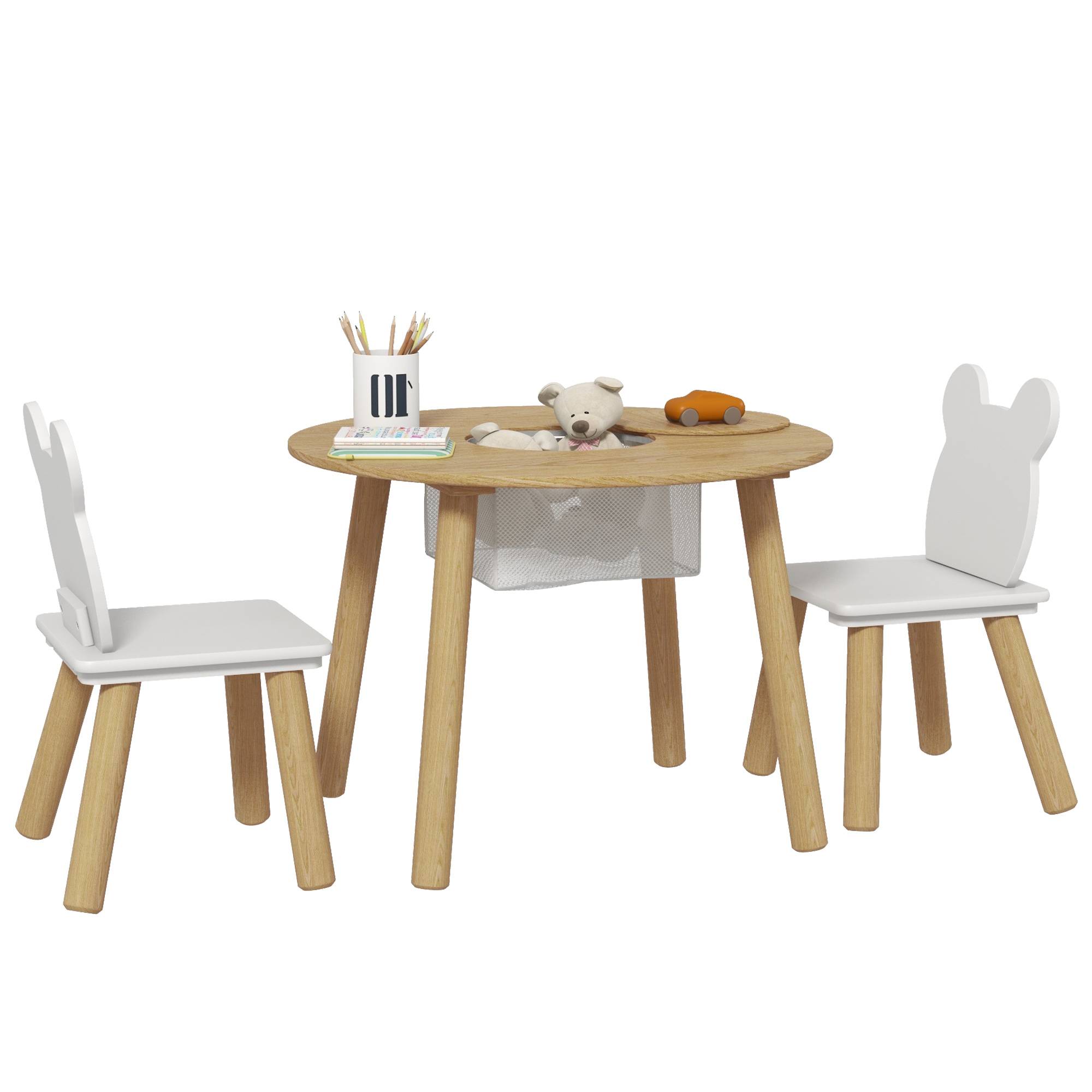 Ensemble table et 2 chaises en bois pour enfants de 3 à 6 ans, avec dossier en forme d'ours et espace de rangement.