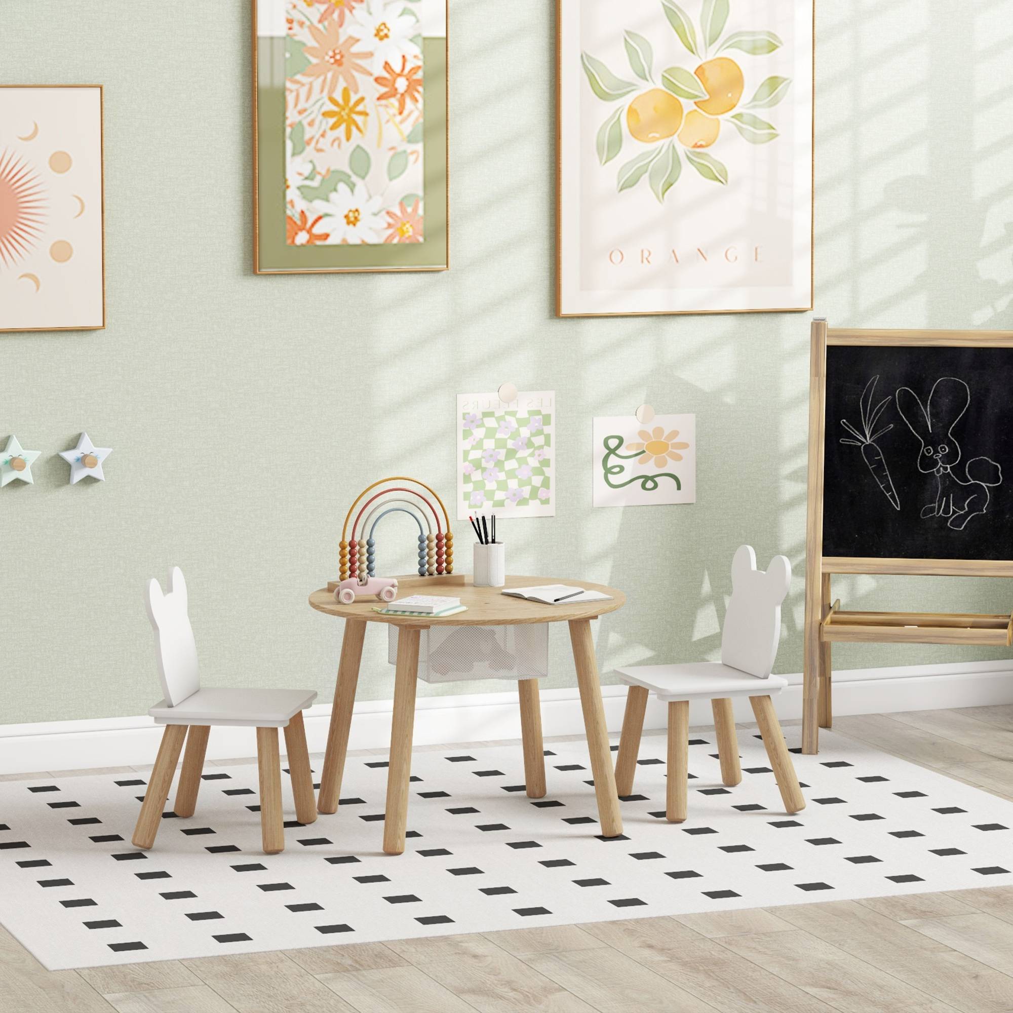 Ensemble table et 2 chaises en bois pour enfants de 3 à 6 ans, avec dossier en forme d'ours et espace de rangement. - Image 4
