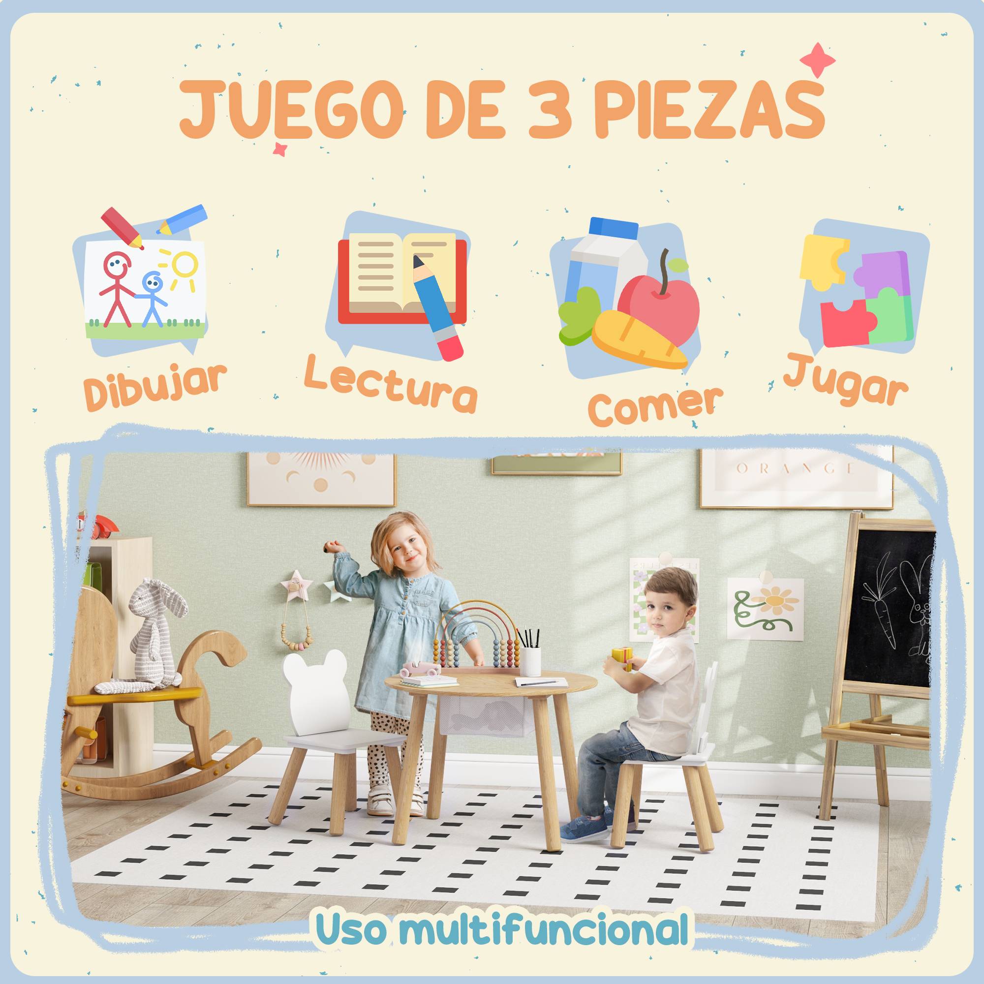 Ensemble table et 2 chaises en bois pour enfants de 3 à 6 ans, avec dossier en forme d'ours et espace de rangement. - Image 8