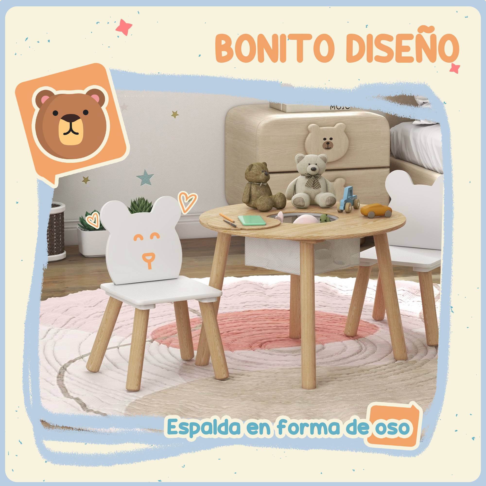 Ensemble table et 2 chaises en bois pour enfants de 3 à 6 ans, avec dossier en forme d'ours et espace de rangement. - Image 6