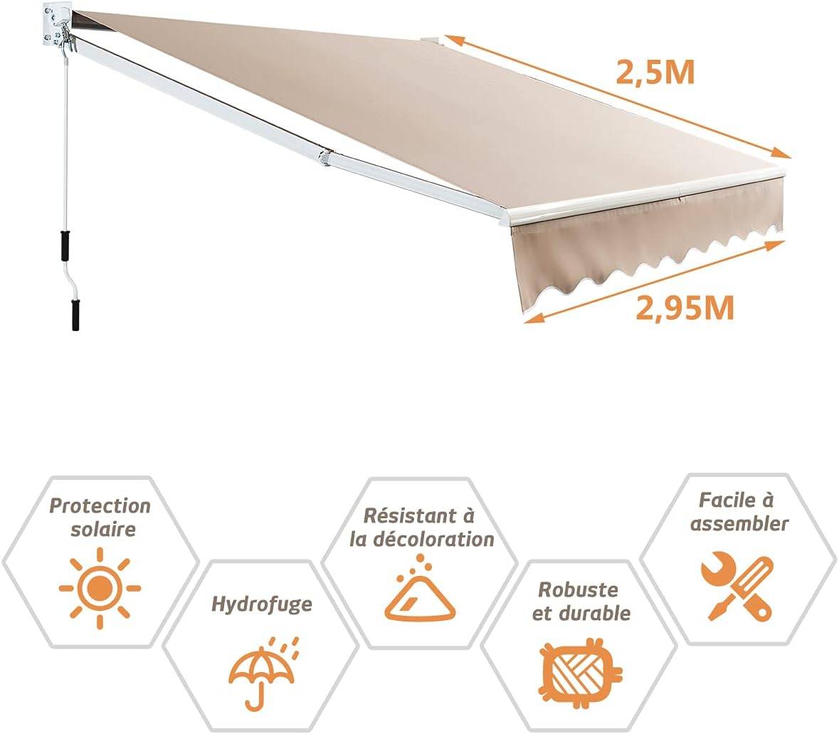 Costway - Store Banne Auvent Rétractable Manuel 295x250CM Angle Ajustable 40°-100° sans Perçage Beige - Image 5