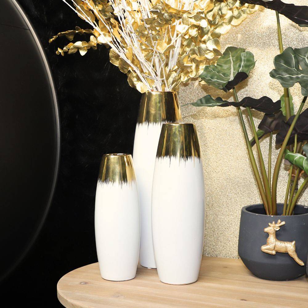 Vase en céramique blanc et doré 13 x 38 cm Chemin de campagne - Imagen 2