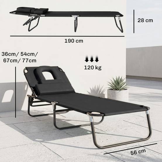 Sans Marque - Transat de Jardin Chaise Longue Pliante Bain de Soleil pour Lecture Noir - Image 4