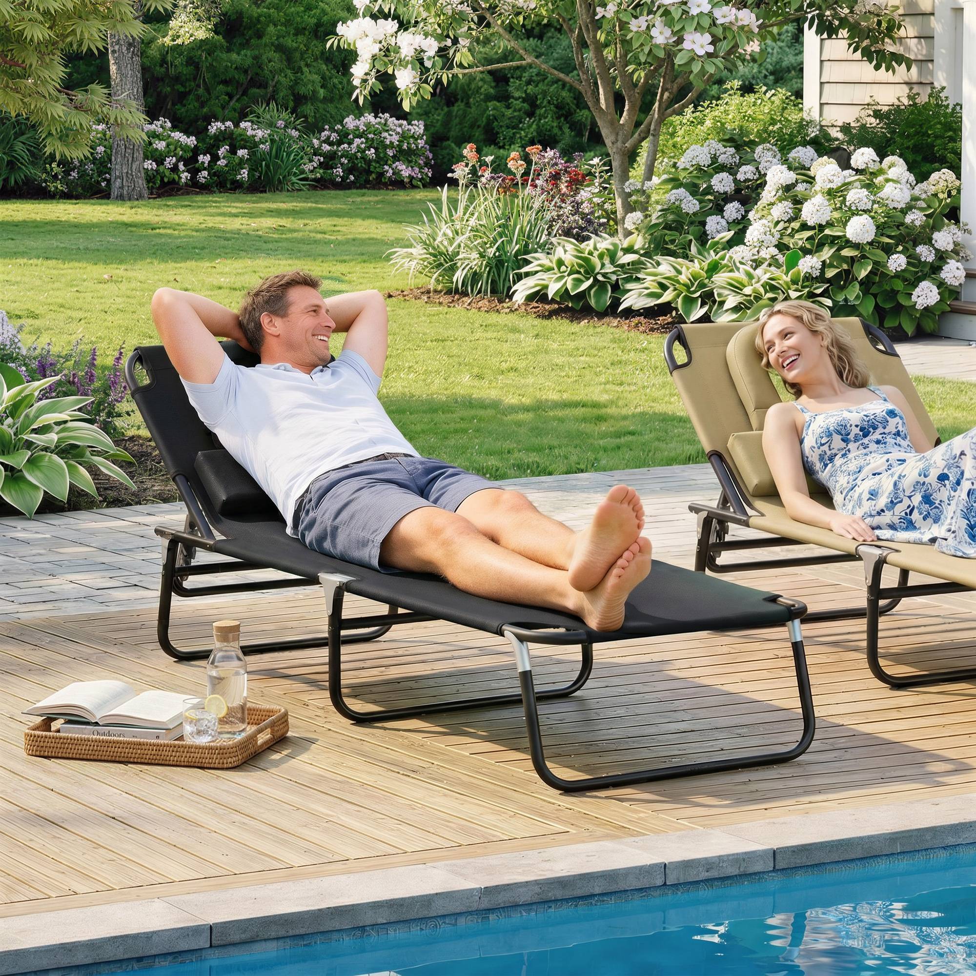 Sans Marque - Transat de Jardin Chaise Longue Pliante Bain de Soleil pour Lecture Noir - Image 2