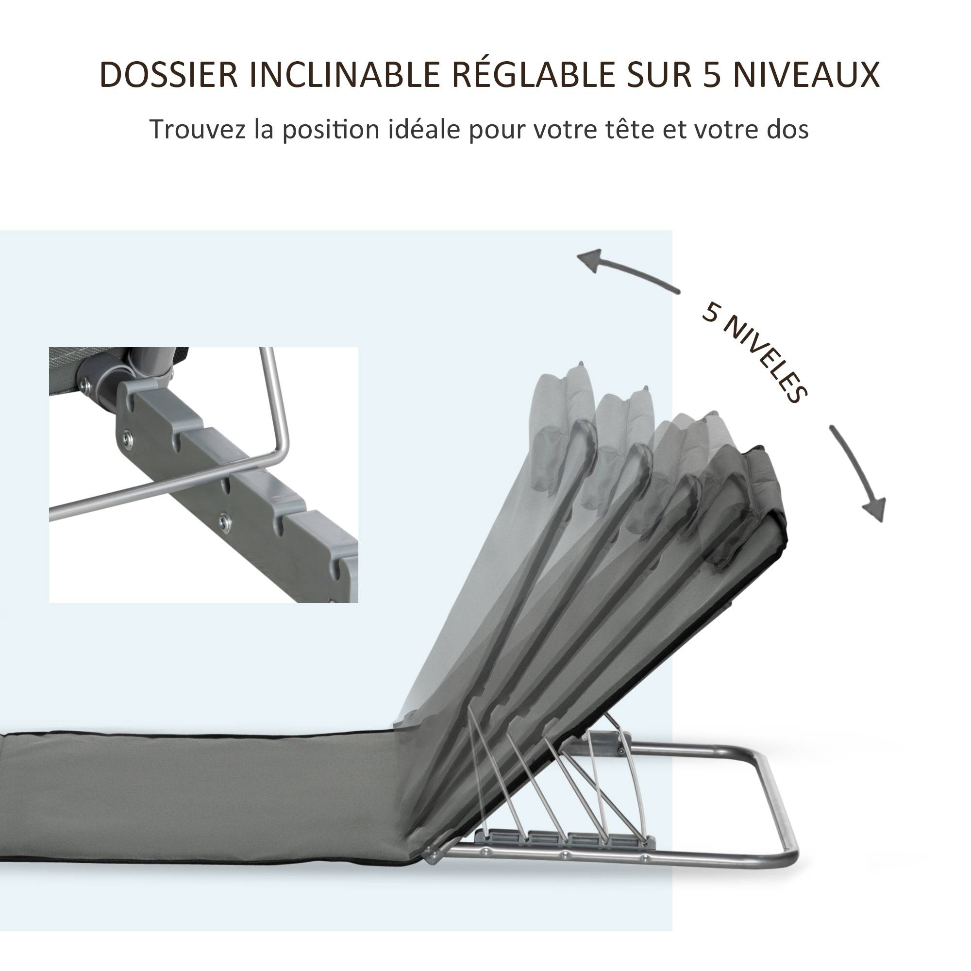 Outsunny - Lot de 2 tapis de plage rembourrés - dossier inclinable 5 positions - sac transport inclus - acier polyester gris - Outsunny - Imagen 4