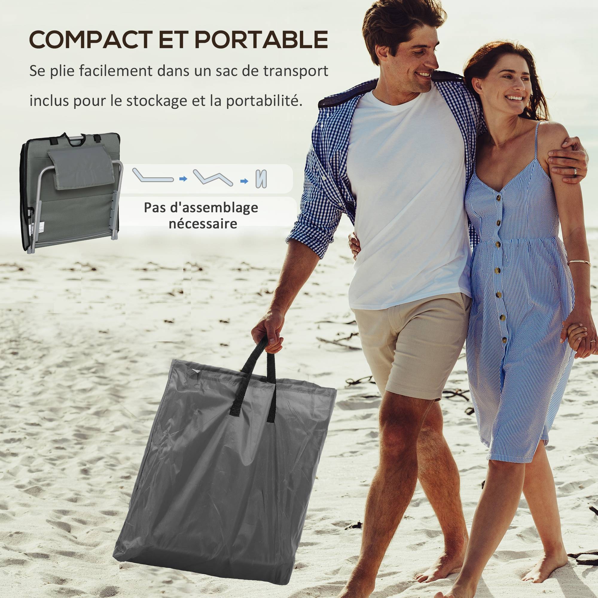 Outsunny - Lot de 2 tapis de plage rembourrés - dossier inclinable 5 positions - sac transport inclus - acier polyester gris - Outsunny - Imagen 5
