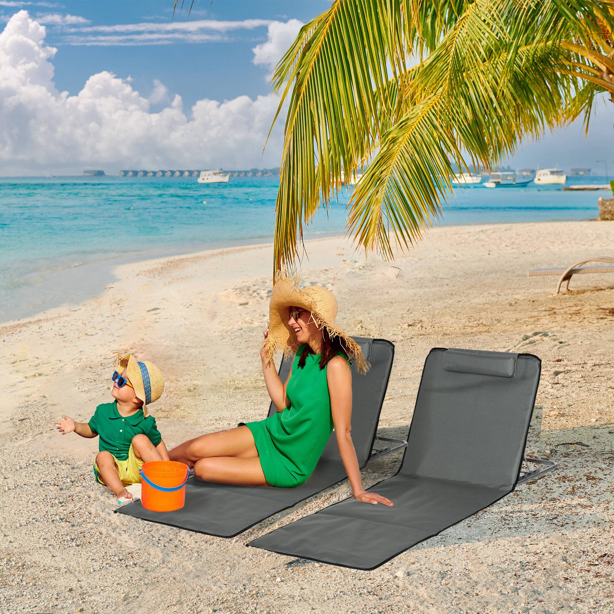 Outsunny - Lot de 2 tapis de plage rembourrés - dossier inclinable 5 positions - sac transport inclus - acier polyester gris - Outsunny - Imagen 2