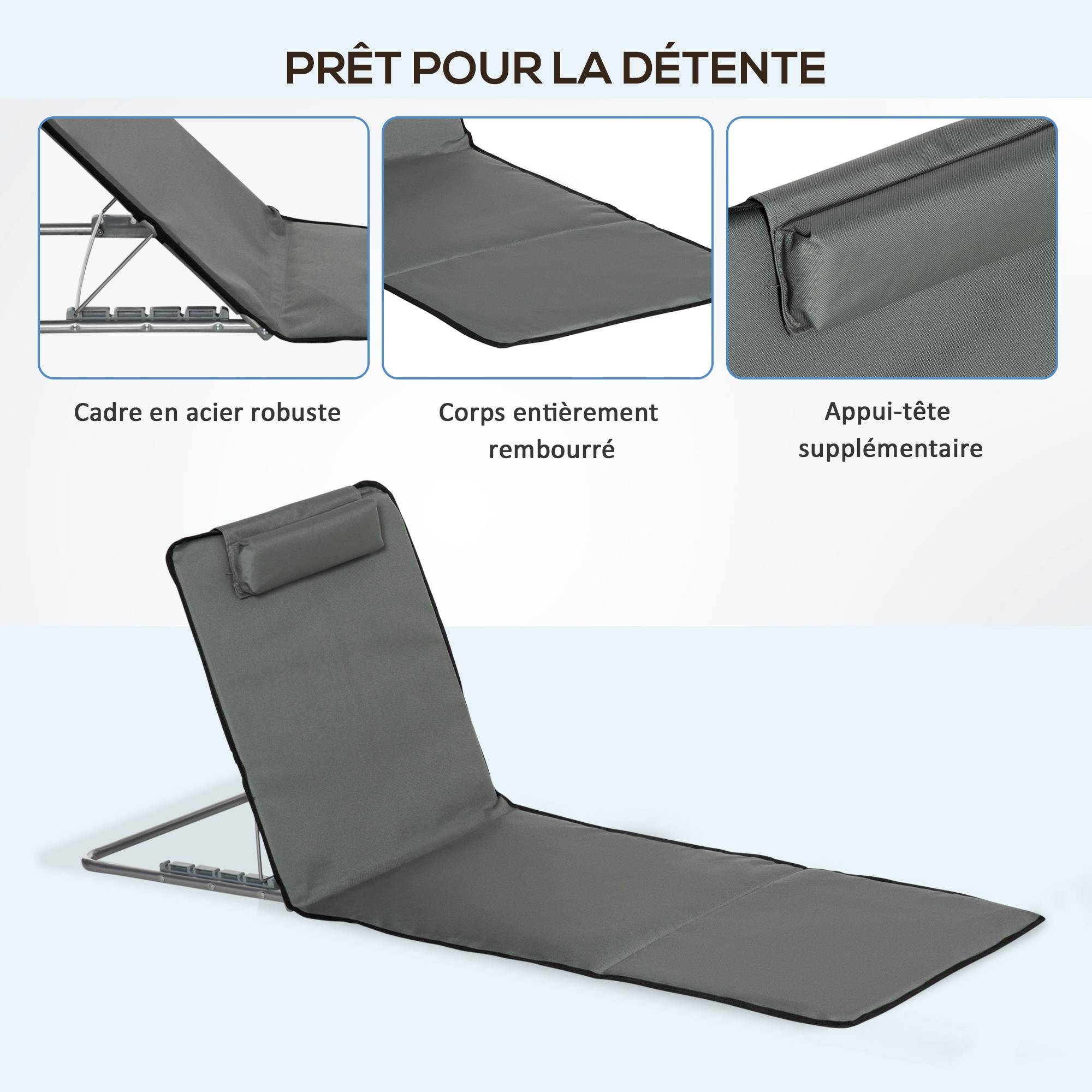 Outsunny - Lot de 2 tapis de plage rembourrés - dossier inclinable 5 positions - sac transport inclus - acier polyester gris - Outsunny - Imagen 6