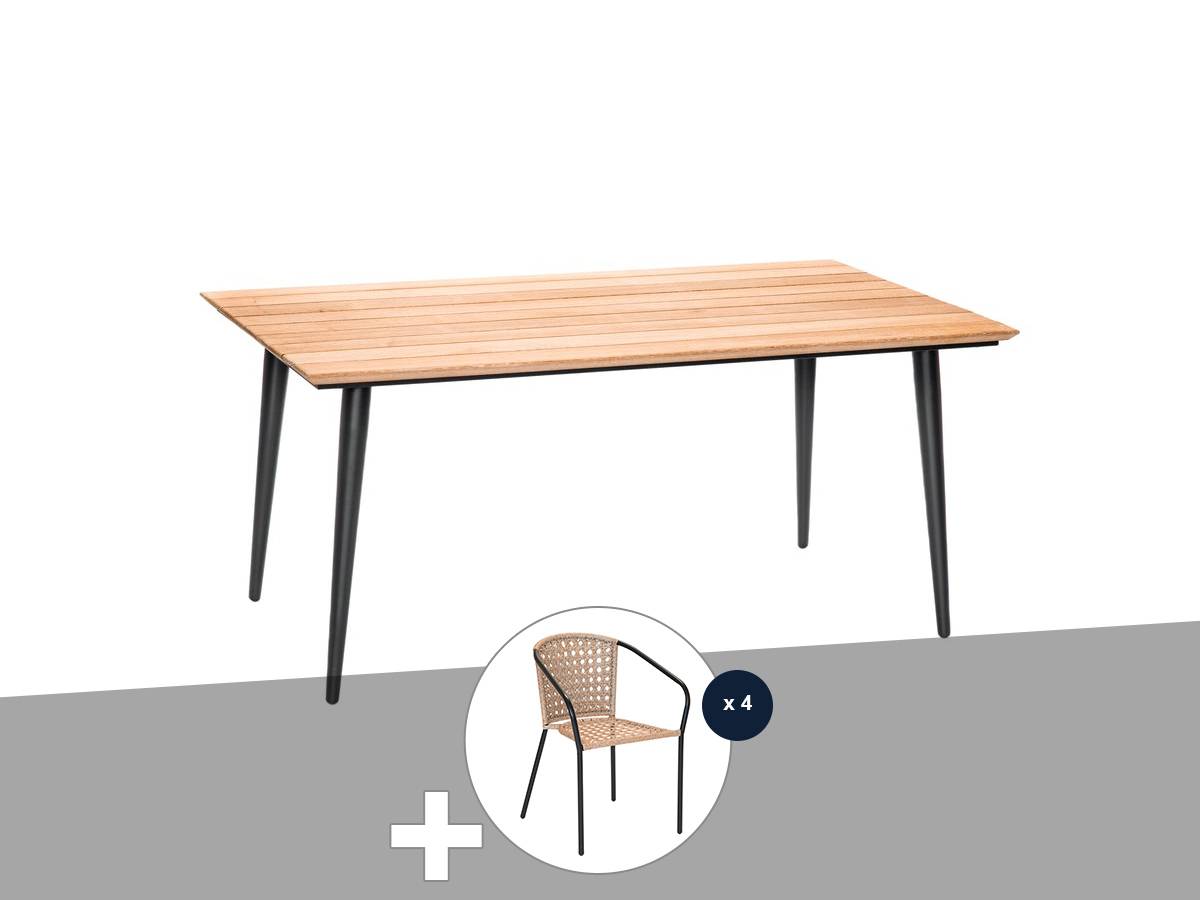 Table de jardin rectangulaire en bois teck Comores avec 4 fauteuils Cocos - Jardiline - Imagen 1