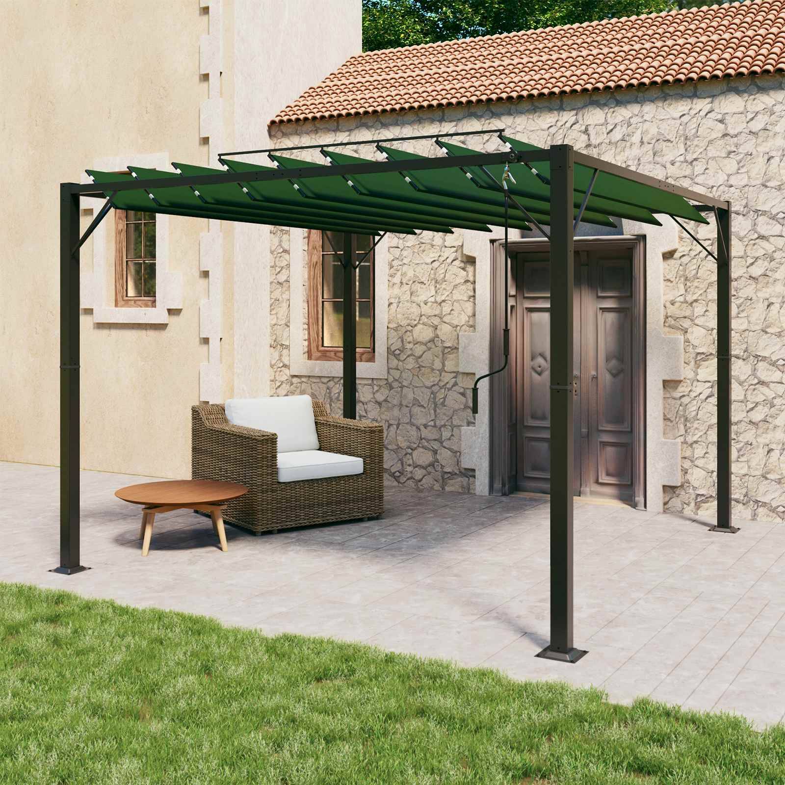 Pergola Bioclimatique Aluminium Tissu Patio Jardin Toit Lames Orientables 3x3m Vert - ComfortXL Outdoor Living - Image 1