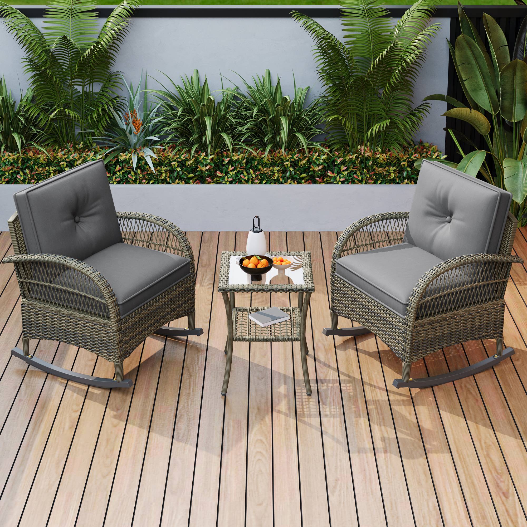 Salon de Jardin avec 2 Chaises à Bascule et 1 Table pour balcon Tissu Gris - Image 2