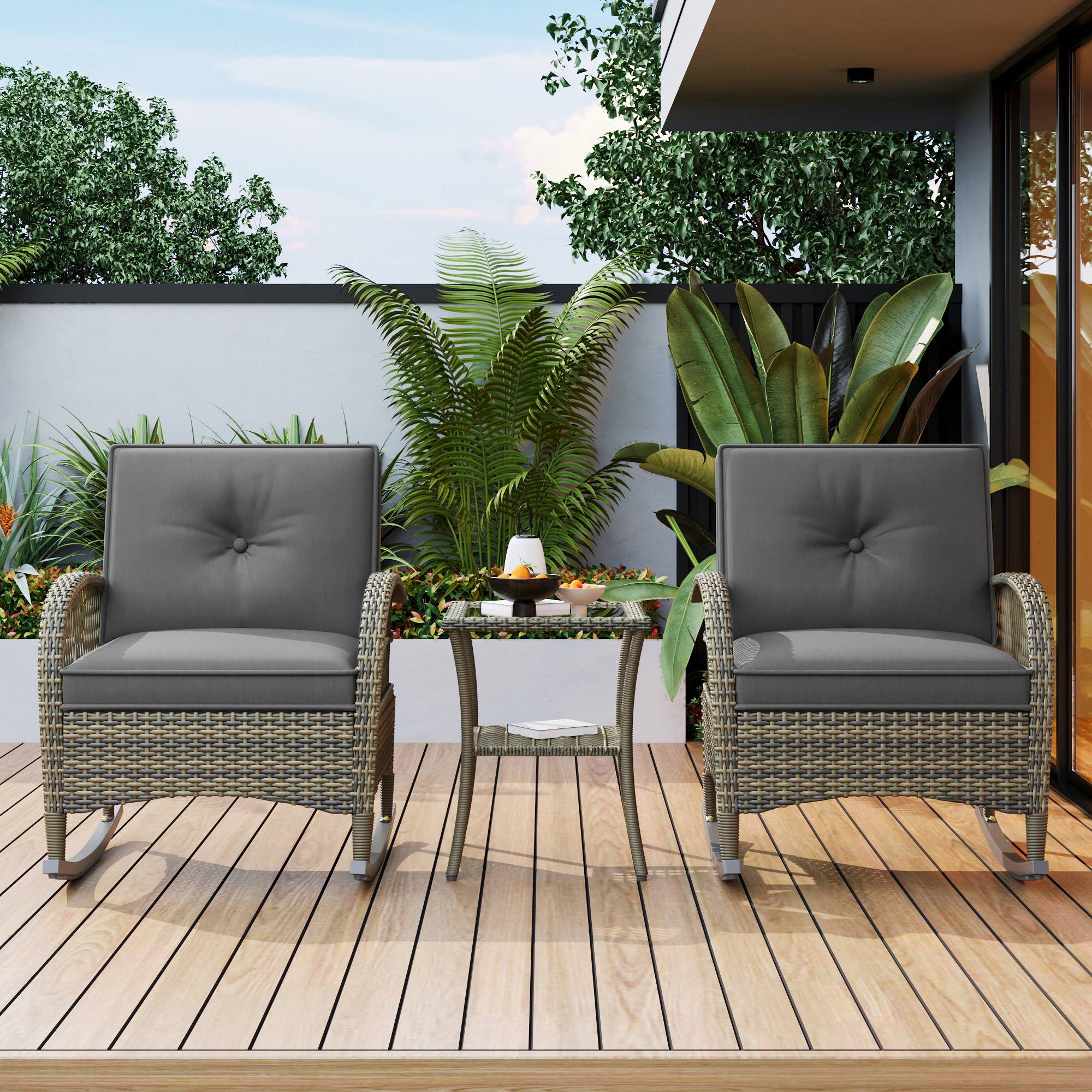 Salon de Jardin avec 2 Chaises à Bascule et 1 Table pour balcon Tissu Gris - Image 3