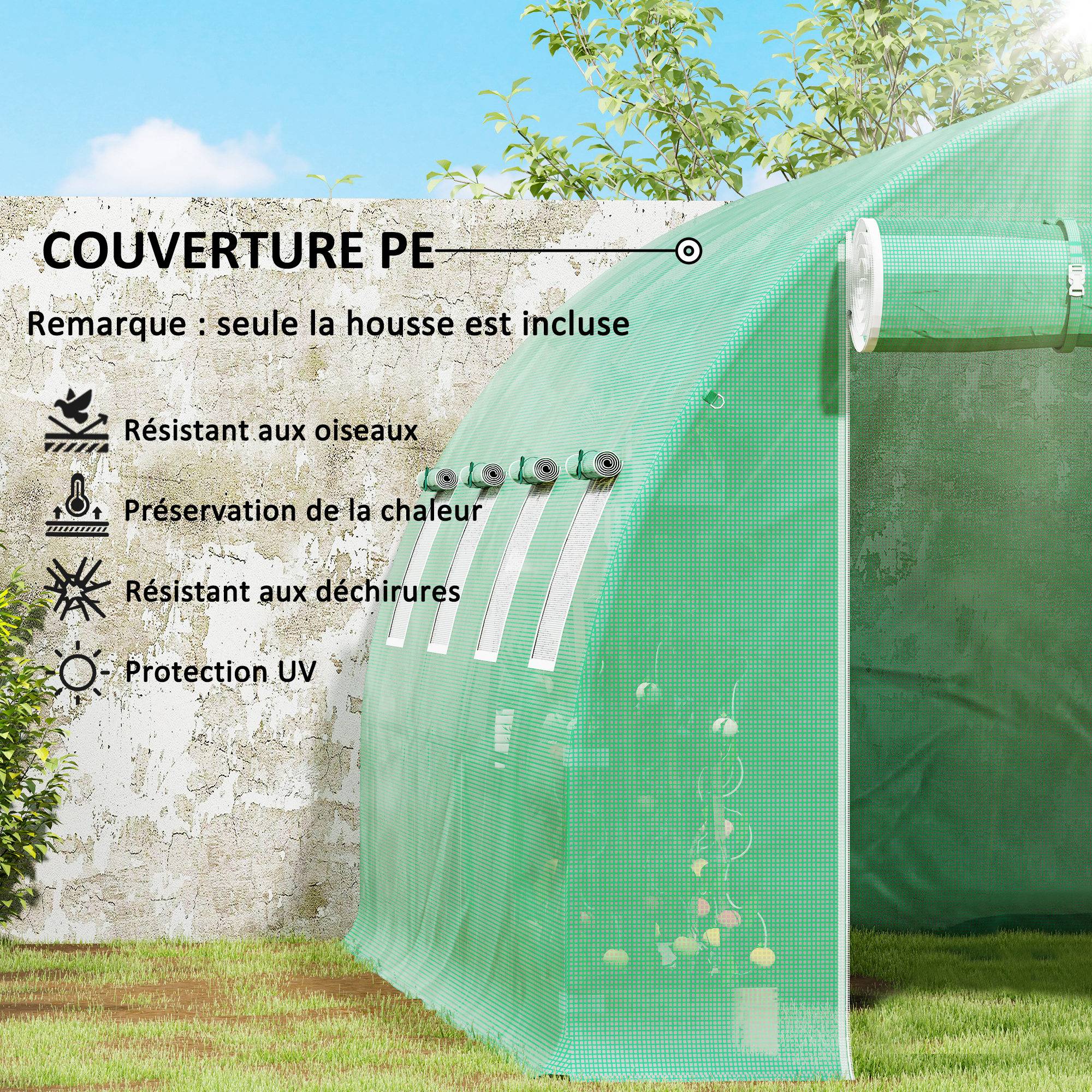 Bâche de rechange pour serre tunnel 12m² PE 140g/m² anti-UV 4x3m Vert - ComfortXL Outdoor Living - Image 8