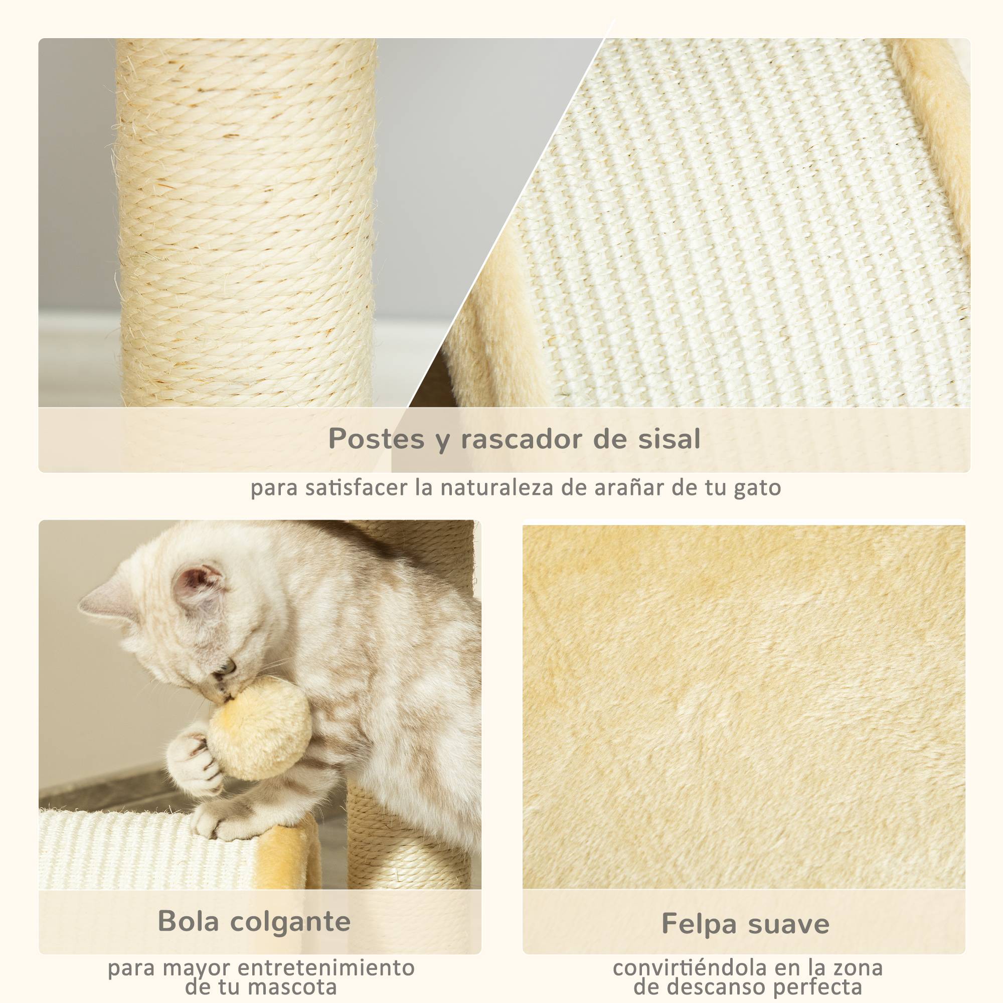 Arbre à chat pour petits chats, hauteur 46 cm, 2 niveaux, avec griffoir, planche, plateformes et balle suspendue, 35,5 x 37 x 46 cm, beige - Image 7