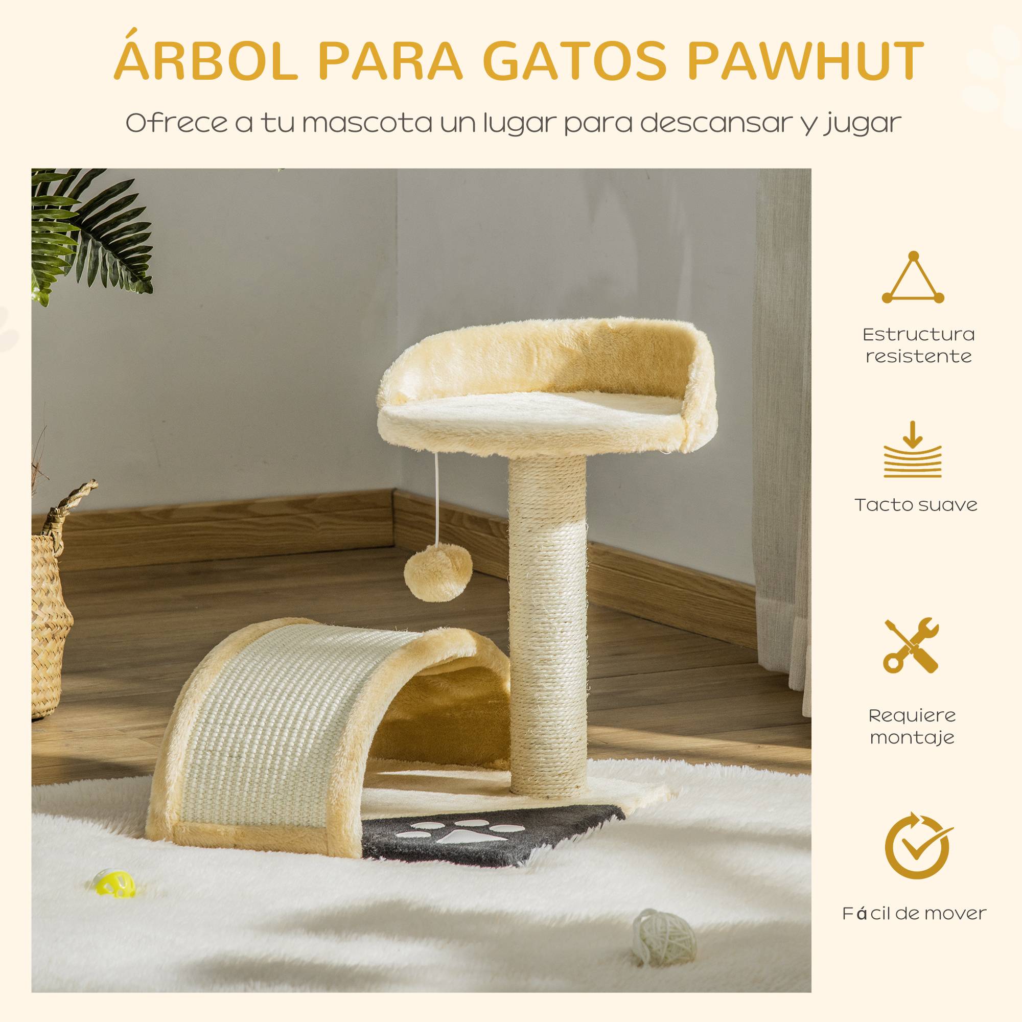Arbre à chat pour petits chats, hauteur 46 cm, 2 niveaux, avec griffoir, planche, plateformes et balle suspendue, 35,5 x 37 x 46 cm, beige - Image 6