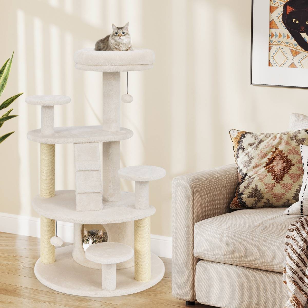 Arbre à Chat Multi-Niveaux avec Condo Perchoir Rembourré Poteaux à Gratter Boule en Peluche - Image 3