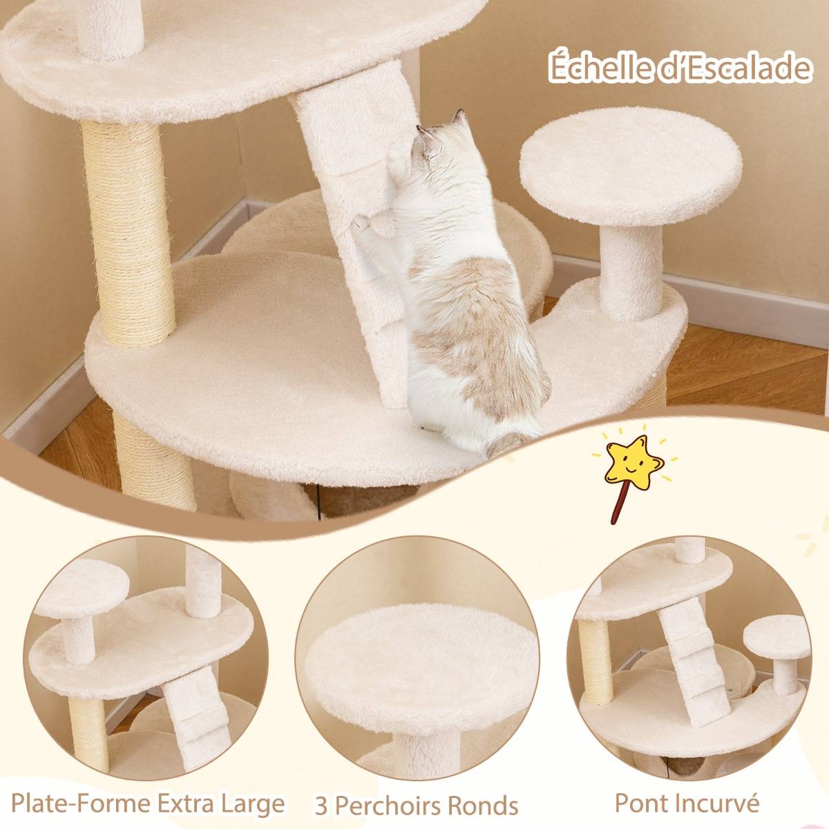 Arbre à Chat Multi-Niveaux avec Condo Perchoir Rembourré Poteaux à Gratter Boule en Peluche - Image 4