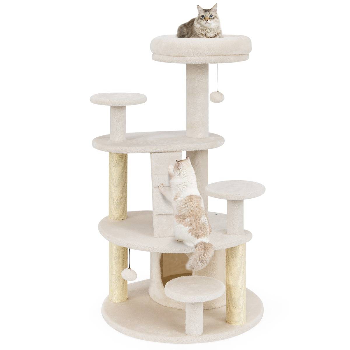 Arbre à Chat Multi-Niveaux avec Condo Perchoir Rembourré Poteaux à Gratter Boule en Peluche