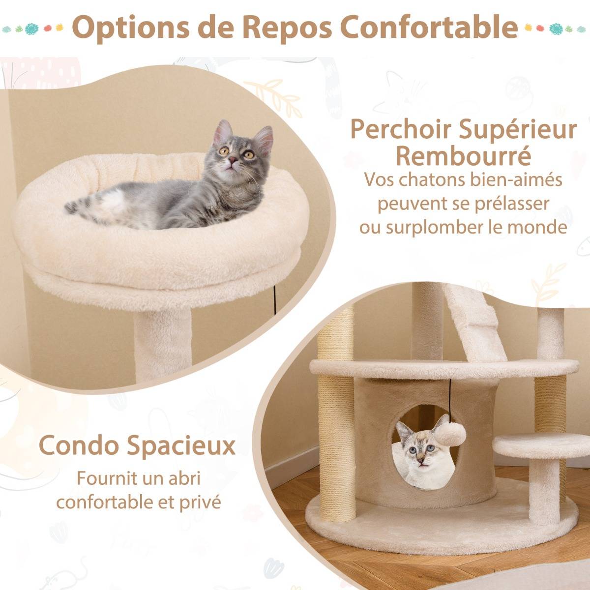 Arbre à Chat Multi-Niveaux avec Condo Perchoir Rembourré Poteaux à Gratter Boule en Peluche - Image 6