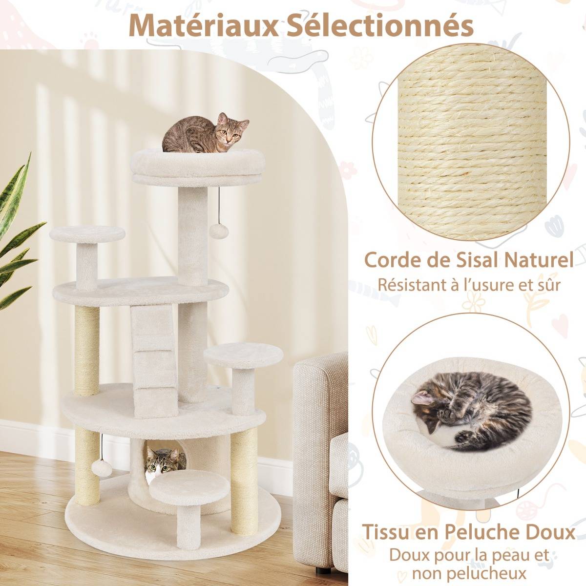 Arbre à Chat Multi-Niveaux avec Condo Perchoir Rembourré Poteaux à Gratter Boule en Peluche - Image 5