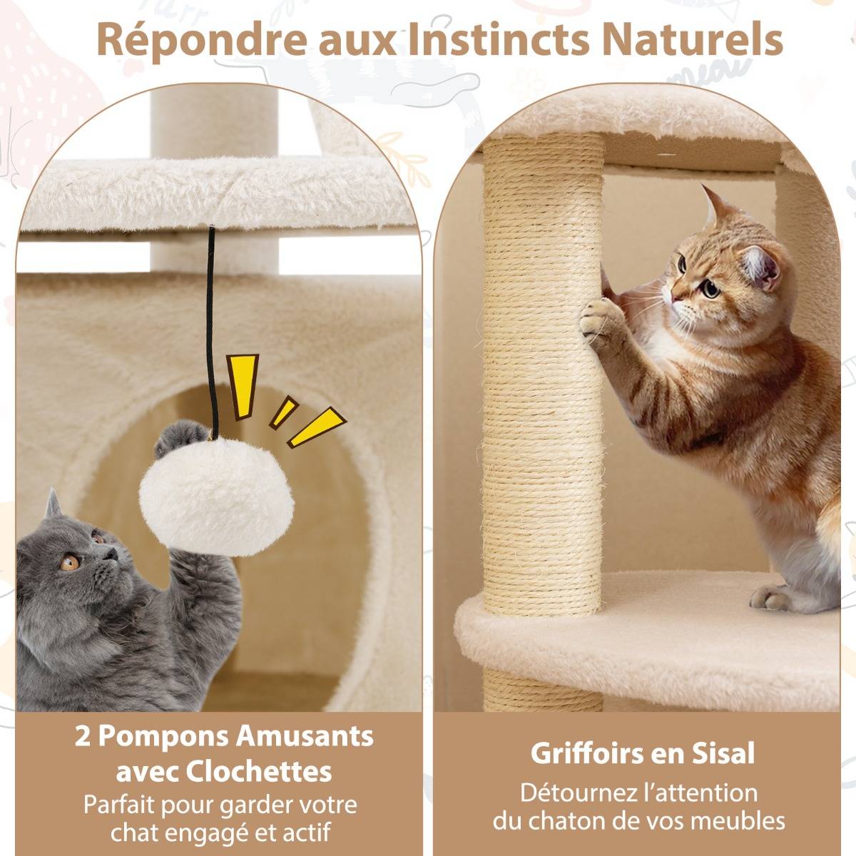 Arbre à Chat Multi-Niveaux avec Condo Perchoir Rembourré Poteaux à Gratter Boule en Peluche - Image 7