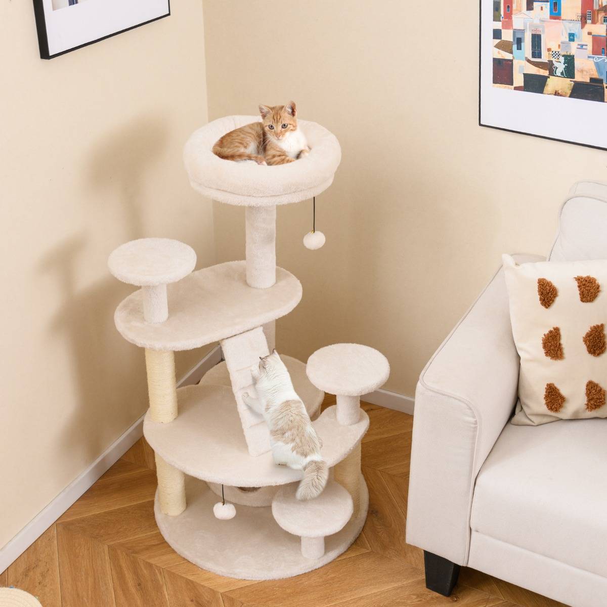 Arbre à Chat Multi-Niveaux avec Condo Perchoir Rembourré Poteaux à Gratter Boule en Peluche - Image 2