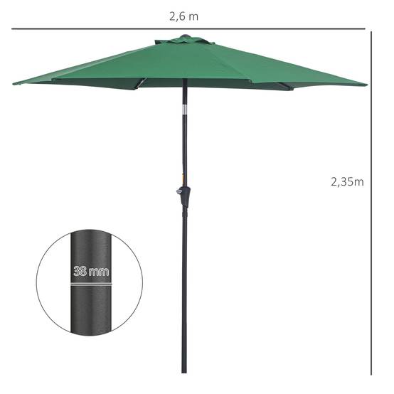 Parasol de jardin en aluminium vert, Ø 260 x 235 cm, inclinable, avec manivelle et 6 baleines métalliques, idéal pour terrasse ou balcon. - Image 5