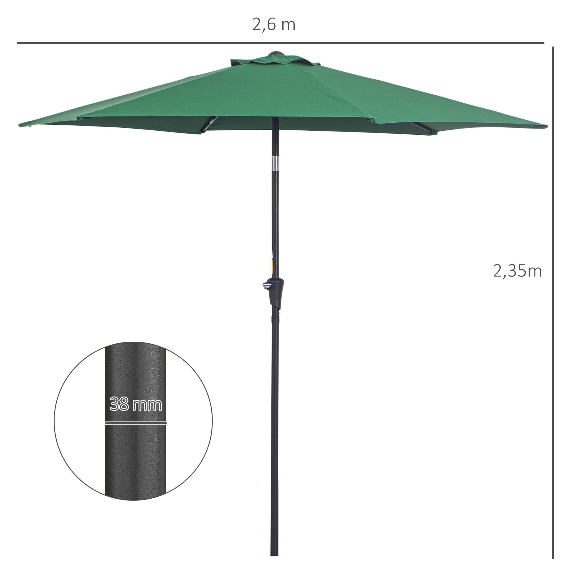 Parasol de jardin en aluminium vert, Ø 260 x 235 cm, inclinable, avec manivelle et 6 baleines métalliques, idéal pour terrasse ou balcon. - Image 5