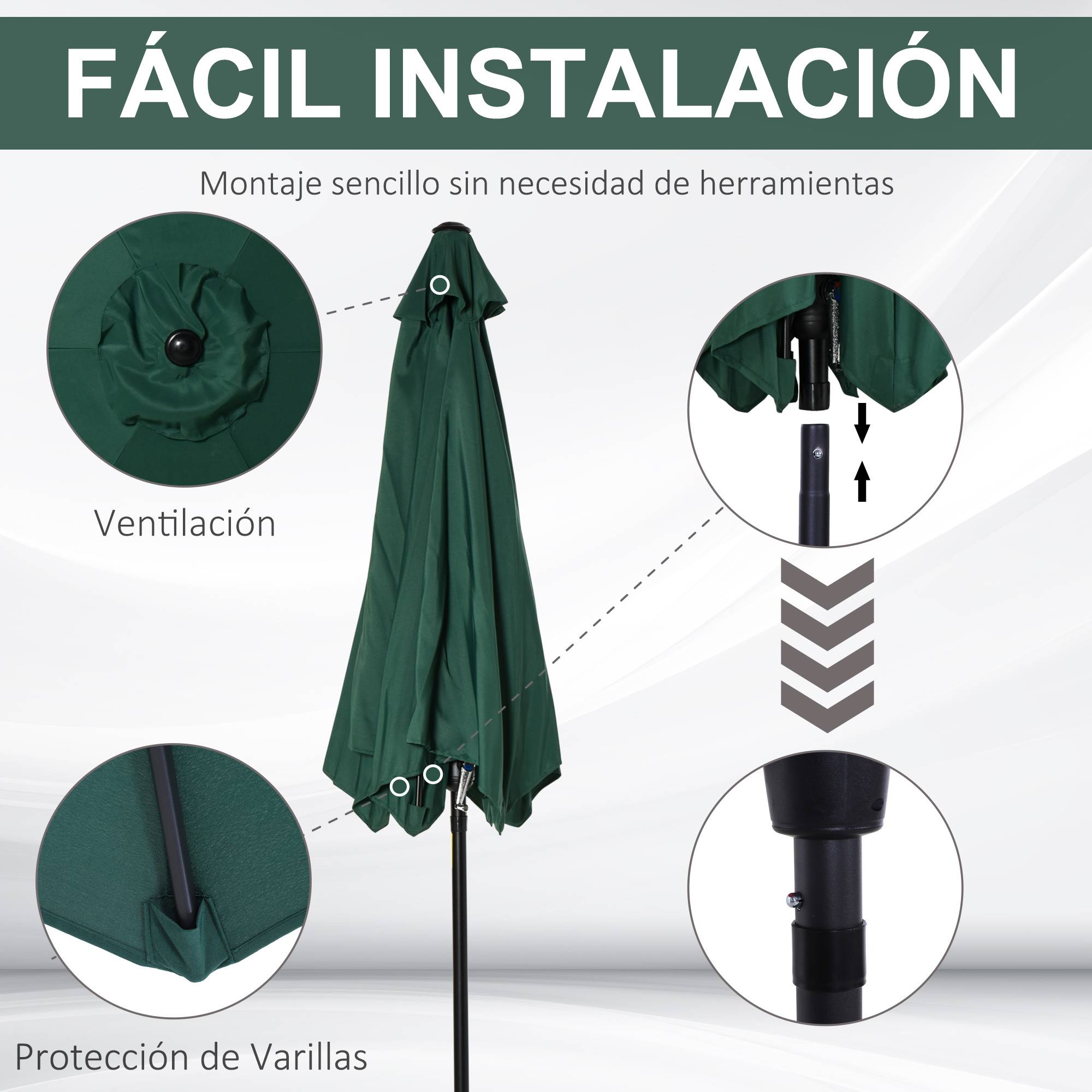 Parasol de jardin en aluminium vert, Ø 260 x 235 cm, inclinable, avec manivelle et 6 baleines métalliques, idéal pour terrasse ou balcon. - Image 8