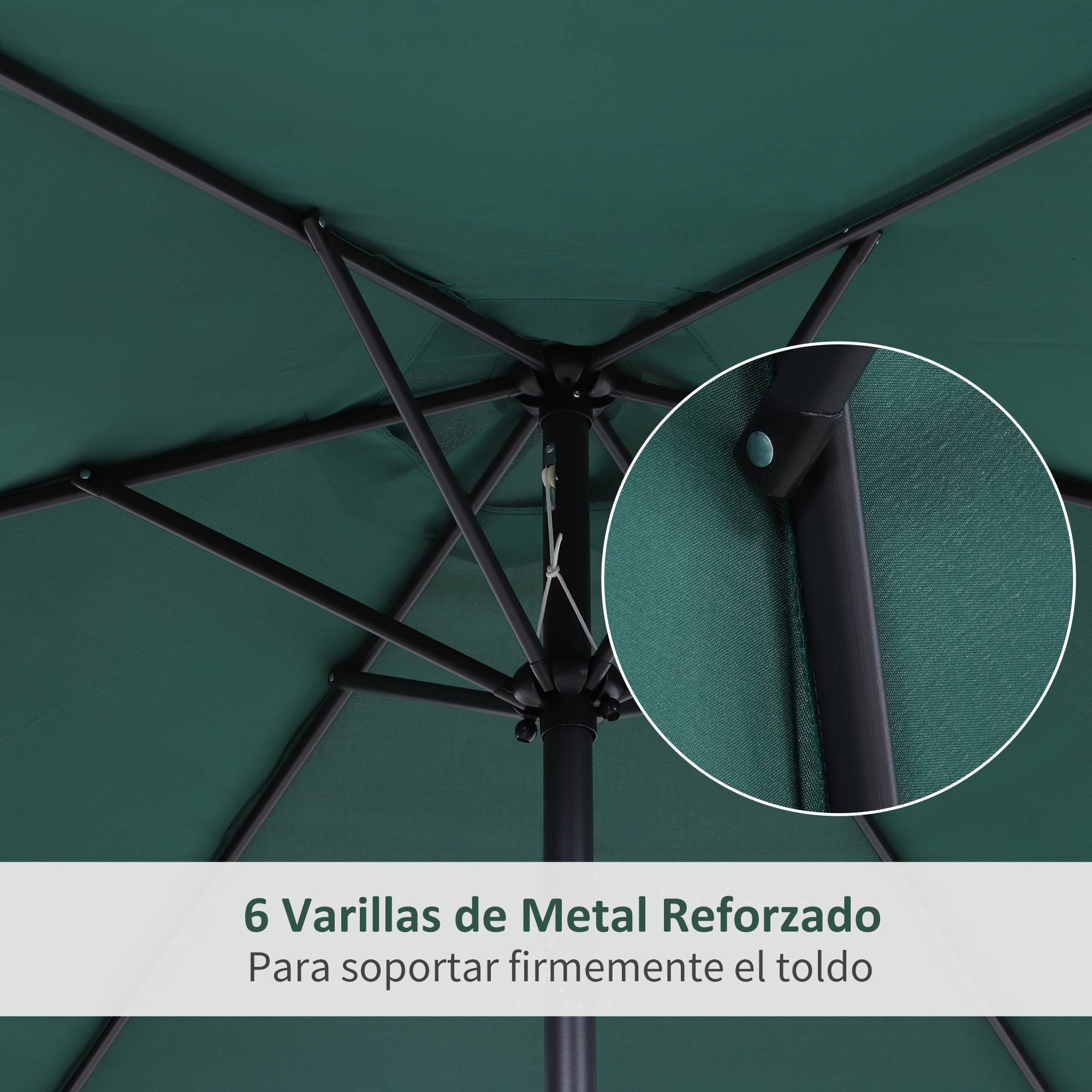 Parasol de jardin en aluminium vert, Ø 260 x 235 cm, inclinable, avec manivelle et 6 baleines métalliques, idéal pour terrasse ou balcon. - Image 9