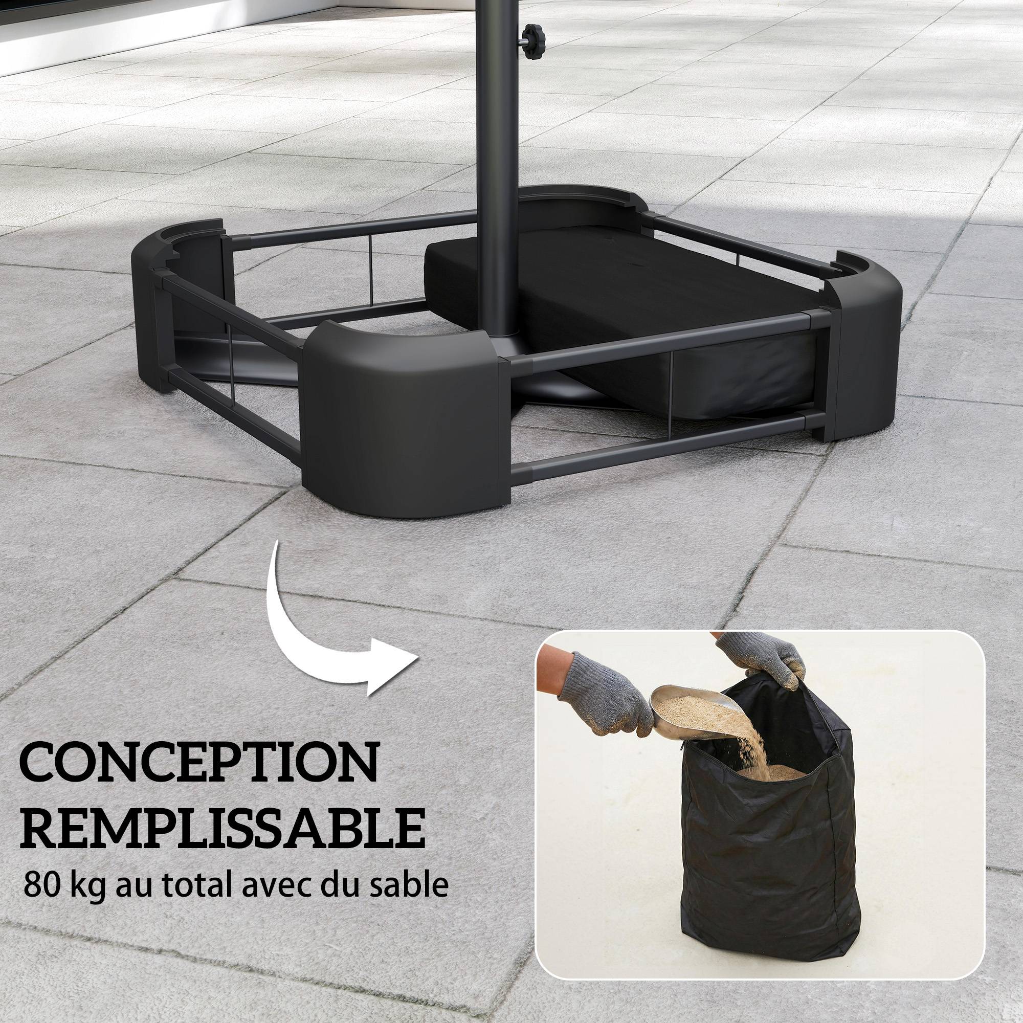 Pied de parasol avec housse en plastique, métal et tissu Oxford noir 78 x 78 x 40 cm - PANGIVO - Image 6
